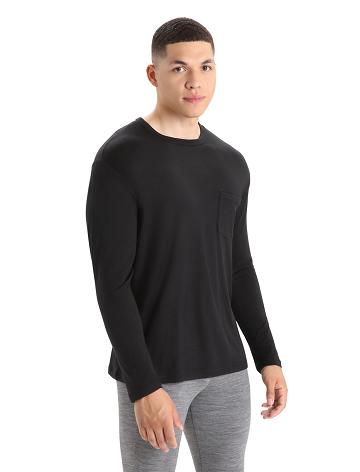 Pánské Long Sleeve Icebreaker Merino Granary Pocket T-Shirt Černé | CZ 1708BEXC